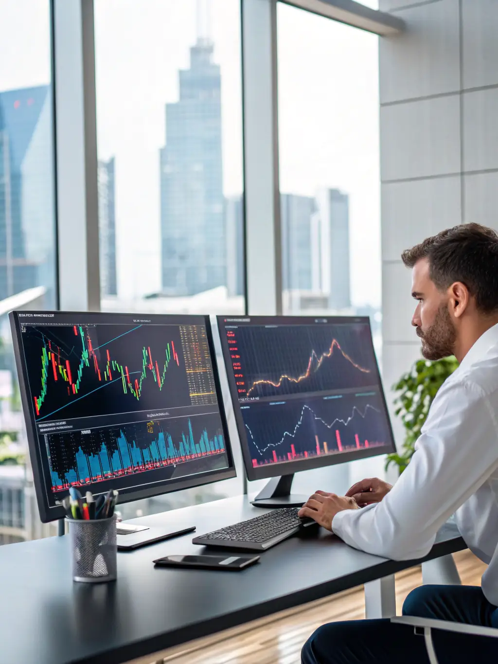 A close-up of a financial analyst using advanced software to analyze market trends and investment opportunities.